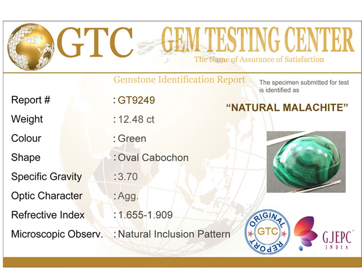 12.48 ct Natural Certified Malachite stone